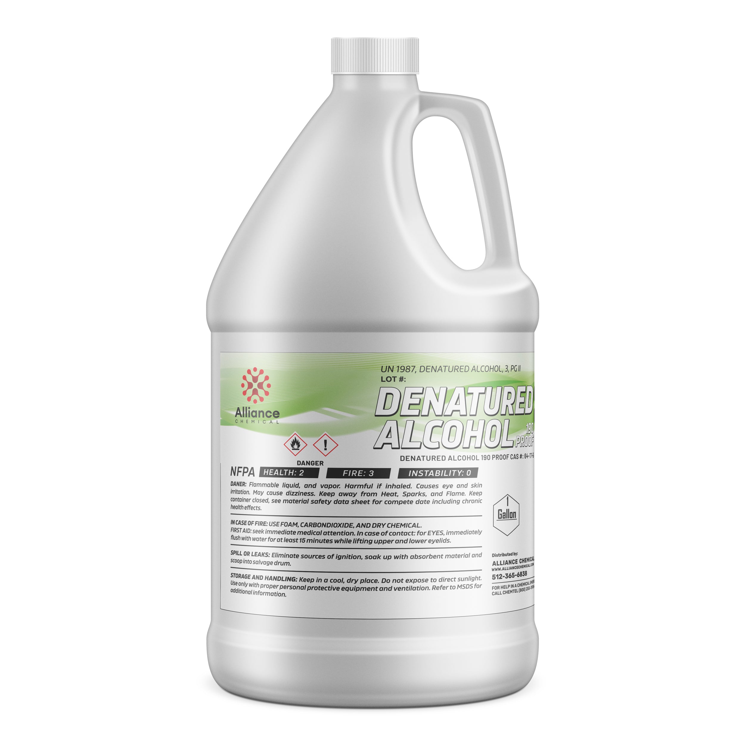 One-gallon HDPE container of Alliance Chemical denatured alcohol 190-proof with NFPA diamond, flammable warning symbols, and safety data on white label.